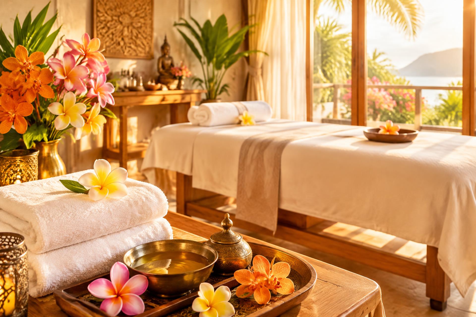 Ljust och soligt Thai-massagerum med vita handdukar, blommor och varmt trä